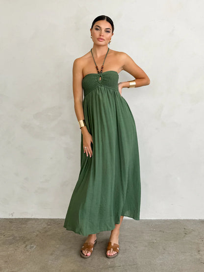 Enchanted Olive Halter Neck Maxi Dress