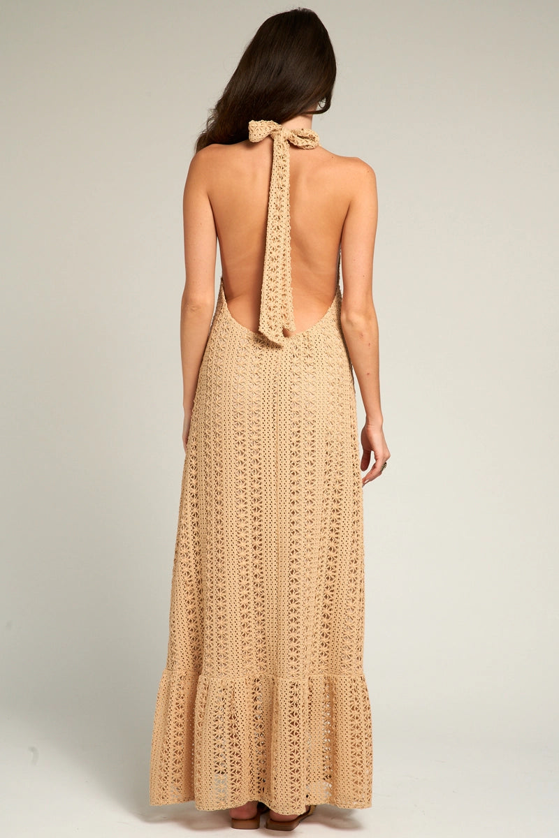 Sandy Dunes Crochet Halter Maxi Dress